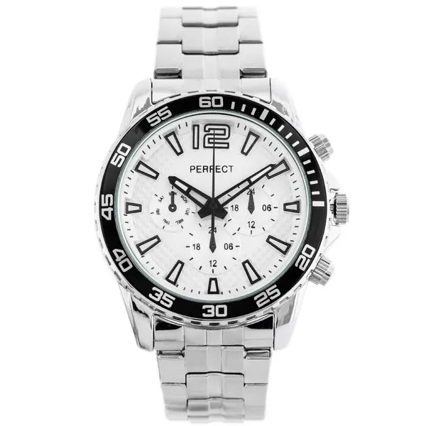 Perfect férfi kvarc karóra, 42 mm, ezüst fémszíj, fehér, WR30, díszdobozzal