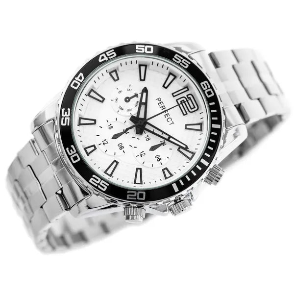 Perfect férfi kvarc karóra, 42 mm, ezüst fémszíj, fehér, WR30, díszdobozzal