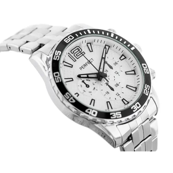 Perfect férfi kvarc karóra, 42 mm, ezüst fémszíj, fehér, WR30, díszdobozzal