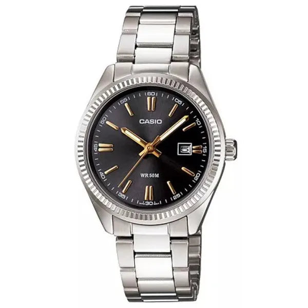 Casio LTP-1302D-1A2V női karóra, acél szíj, fekete számlap, dátum, 30 mm