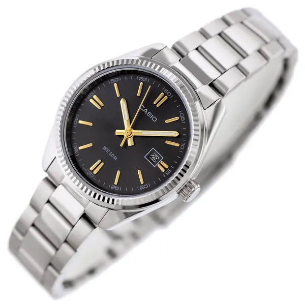 Casio LTP-1302D-1A2V női karóra, acél szíj, fekete számlap, dátum, 30 mm