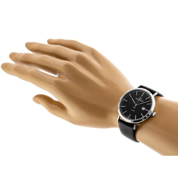 Bisset férfi kvarc karóra, zafírüveg, bőr szíj, 40 mm, dátum, fekete számlap