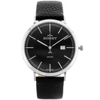 Bisset férfi kvarc karóra, zafírüveg, bőr szíj, 40 mm, dátum, fekete számlap
