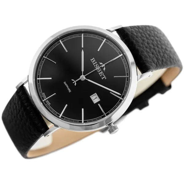 Bisset férfi kvarc karóra, zafírüveg, bőr szíj, 40 mm, dátum, fekete számlap