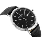 Bisset férfi kvarc karóra, zafírüveg, bőr szíj, 40 mm, dátum, fekete számlap
