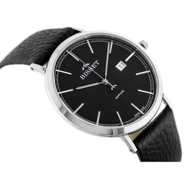Bisset férfi kvarc karóra, zafírüveg, bőr szíj, 40 mm, dátum, fekete számlap