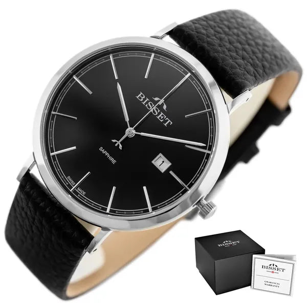 Bisset férfi kvarc karóra, zafírüveg, bőr szíj, 40 mm, dátum, fekete számlap