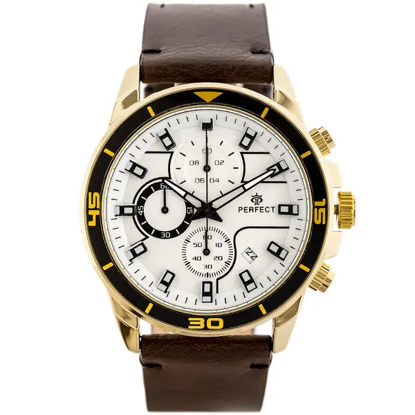 Perfect férfi kronográf karóra, japán kvarc, 46 mm arany tok, bőrszíj, dátum