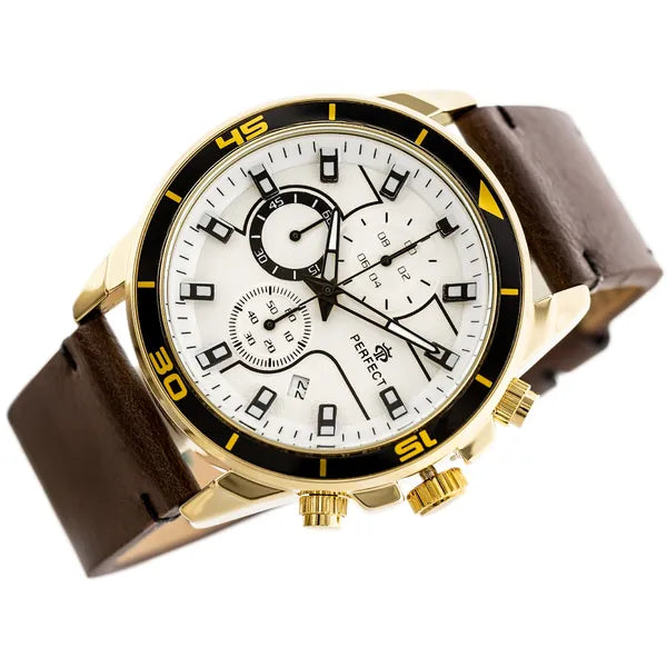 Perfect férfi kronográf karóra, japán kvarc, 46 mm arany tok, bőrszíj, dátum