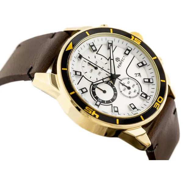 Perfect férfi kronográf karóra, japán kvarc, 46 mm arany tok, bőrszíj, dátum