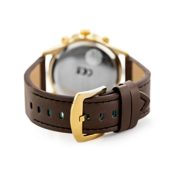 Perfect férfi kronográf karóra, japán kvarc, 46 mm arany tok, bőrszíj, dátum