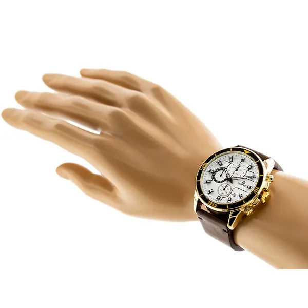 Perfect férfi kronográf karóra, japán kvarc, 46 mm arany tok, bőrszíj, dátum
