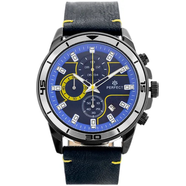 Férfi karóra Perfect CH02L – kronográf, kvarc, 46mm, kék bőr, WR30, díszdoboz