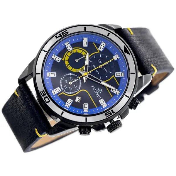 Férfi karóra Perfect CH02L – kronográf, kvarc, 46mm, kék bőr, WR30, díszdoboz