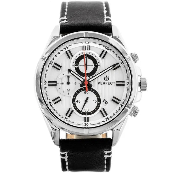 Perfect CH03L férfi kronográf karóra, 44 mm, fekete bőr szíj, ezüst számlap WR30