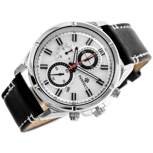 Perfect CH03L férfi kronográf karóra, 44 mm, fekete bőr szíj, ezüst számlap WR30