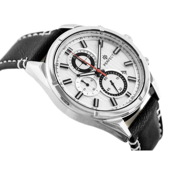 Perfect CH03L férfi kronográf karóra, 44 mm, fekete bőr szíj, ezüst számlap WR30