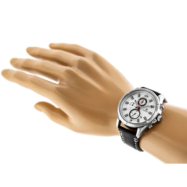 Perfect CH03L férfi kronográf karóra, 44 mm, fekete bőr szíj, ezüst számlap WR30
