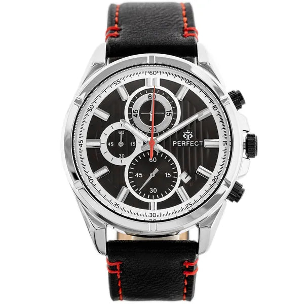 Férfi karóra, Perfect CH03L kronográf, kvarc, 44 mm, bőr szíj, fekete/ezüst