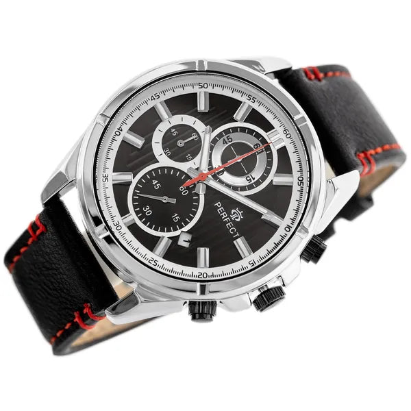 Férfi karóra, Perfect CH03L kronográf, kvarc, 44 mm, bőr szíj, fekete/ezüst