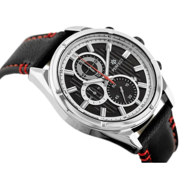 Férfi karóra, Perfect CH03L kronográf, kvarc, 44 mm, bőr szíj, fekete/ezüst