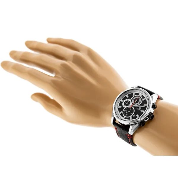 Férfi karóra, Perfect CH03L kronográf, kvarc, 44 mm, bőr szíj, fekete/ezüst
