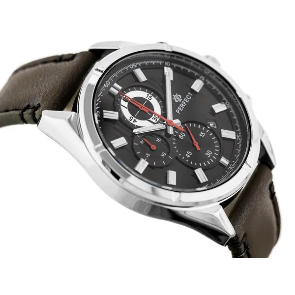Férfi kvarc kronográf óra, 44 mm, fekete számlap, barna bőrszíj, ezüst tok