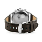 Férfi kvarc kronográf óra, 44 mm, fekete számlap, barna bőrszíj, ezüst tok