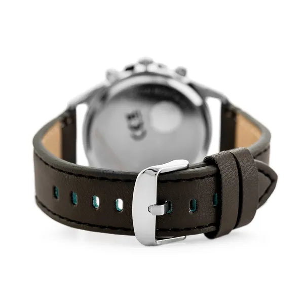 Férfi kvarc kronográf óra, 44 mm, fekete számlap, barna bőrszíj, ezüst tok
