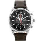 Férfi kvarc kronográf óra, 44 mm, fekete számlap, barna bőrszíj, ezüst tok