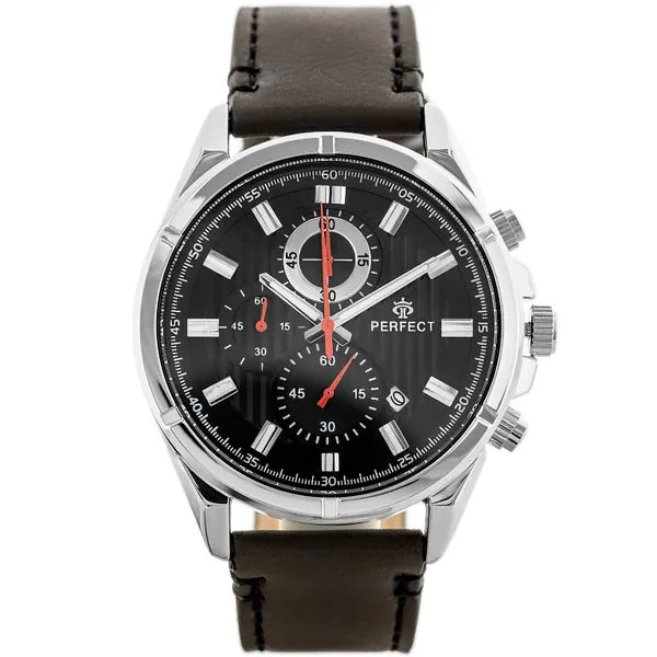Férfi kvarc kronográf óra, 44 mm, fekete számlap, barna bőrszíj, ezüst tok