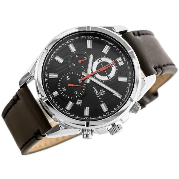 Férfi kvarc kronográf óra, 44 mm, fekete számlap, barna bőrszíj, ezüst tok