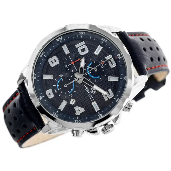 Perfect CH05L férfi kvarc karóra, kronográf, kék számlap, bőr szíj, WR30, 48 mm