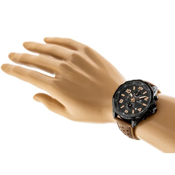 Perfect CH05L férfi kronográf karóra, fekete számlap, bőrszíj, WR30, 48 mm