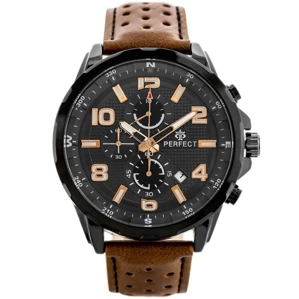 Perfect CH05L férfi kronográf karóra, fekete számlap, bőrszíj, WR30, 48 mm