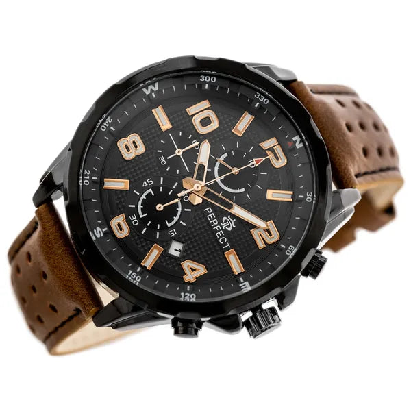 Perfect CH05L férfi kronográf karóra, fekete számlap, bőrszíj, WR30, 48 mm