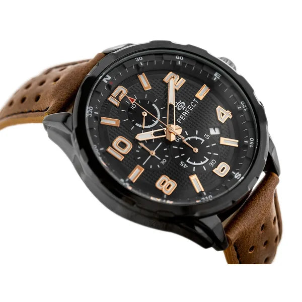 Perfect CH05L férfi kronográf karóra, fekete számlap, bőrszíj, WR30, 48 mm