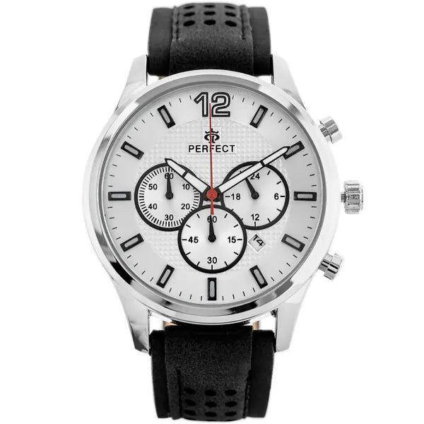 Perfect férfi kronográf karóra CH01L, kvarc, 44 mm, ezüst számlap, fekete bőr