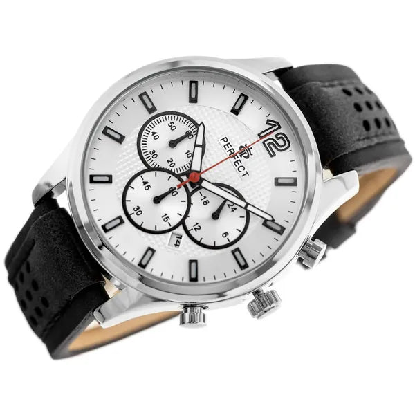 Perfect férfi kronográf karóra CH01L, kvarc, 44 mm, ezüst számlap, fekete bőr