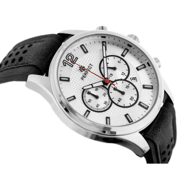 Perfect férfi kronográf karóra CH01L, kvarc, 44 mm, ezüst számlap, fekete bőr