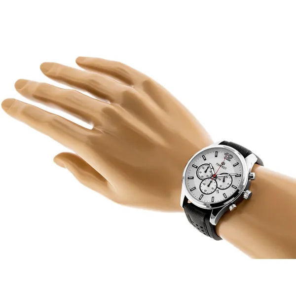 Perfect férfi kronográf karóra CH01L, kvarc, 44 mm, ezüst számlap, fekete bőr