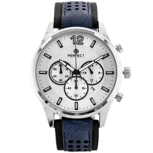 Perfect CH01L férfi karóra, kronográf, kvarc, 44 mm, kék bőrszíj, ezüst számlap