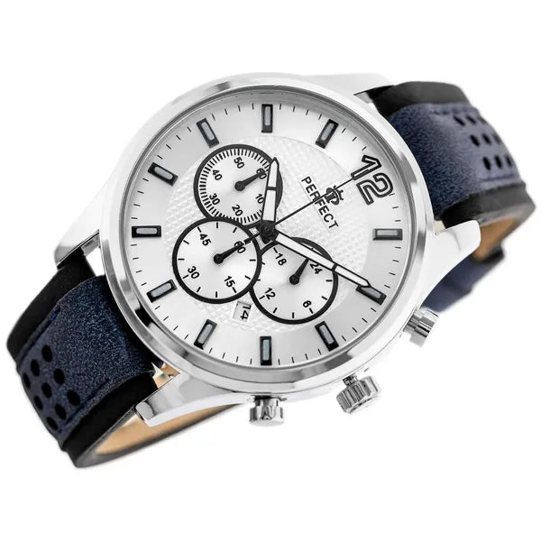 Perfect CH01L férfi karóra, kronográf, kvarc, 44 mm, kék bőrszíj, ezüst számlap