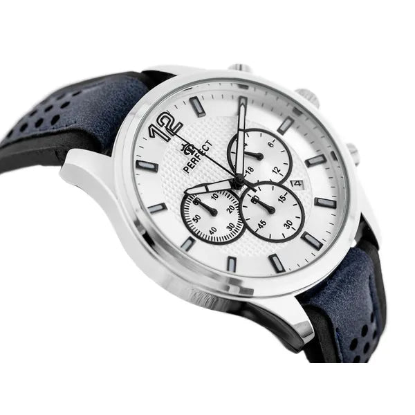 Perfect CH01L férfi karóra, kronográf, kvarc, 44 mm, kék bőrszíj, ezüst számlap