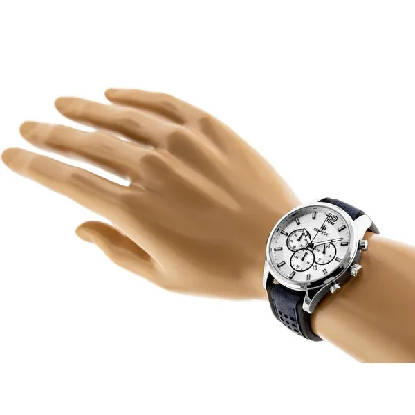 Perfect CH01L férfi karóra, kronográf, kvarc, 44 mm, kék bőrszíj, ezüst számlap