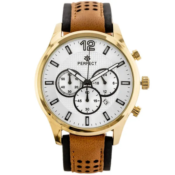 Perfect CH01L férfi kronográf karóra, kvarc, 44 mm, bőr szíj, WR30, arany tok