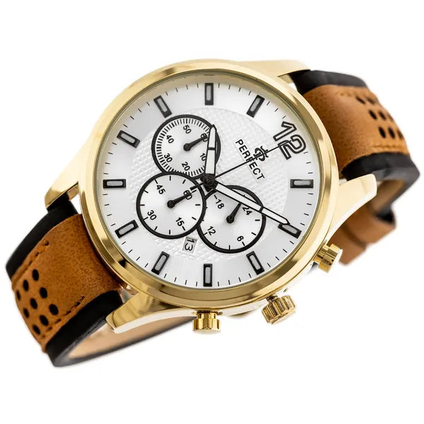 Perfect CH01L férfi kronográf karóra, kvarc, 44 mm, bőr szíj, WR30, arany tok