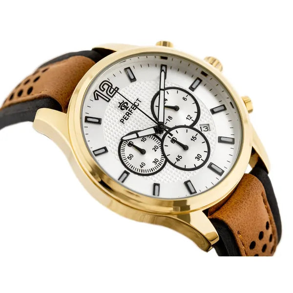 Perfect CH01L férfi kronográf karóra, kvarc, 44 mm, bőr szíj, WR30, arany tok