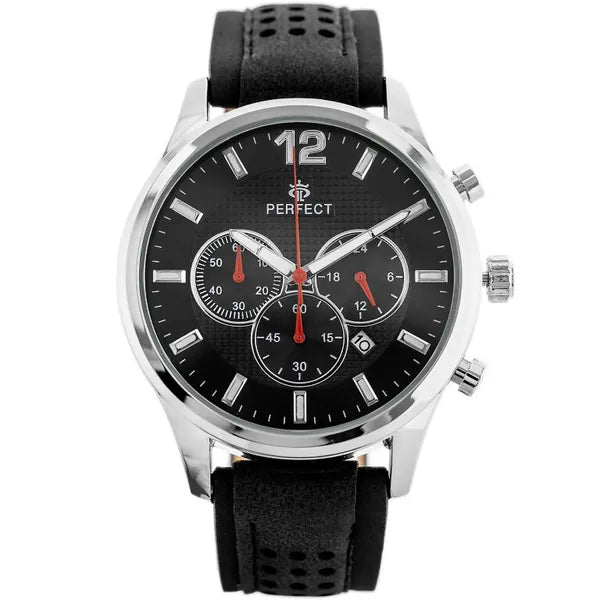 Perfect férfi kronográf karóra, 44 mm, fekete számlap, bőr szíj, WR30