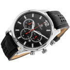Perfect férfi kronográf karóra, 44 mm, fekete számlap, bőr szíj, WR30
